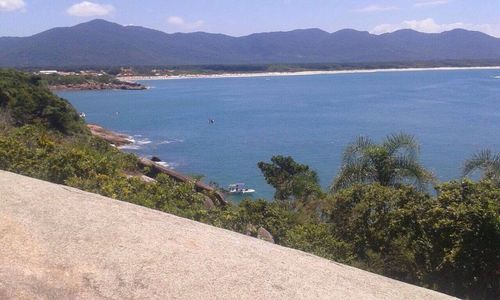 Scenic view of sea and mountains against sky