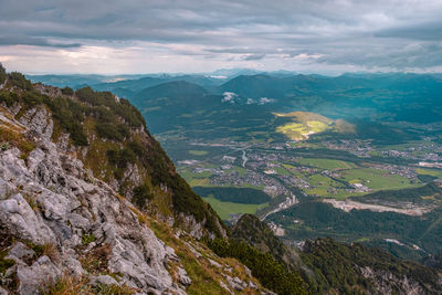 Aerial view of landscape and mountains against sky