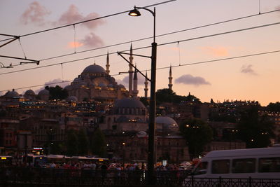 Buildings in city at sunset
