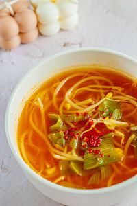 High angle view of noodles in bowl on table