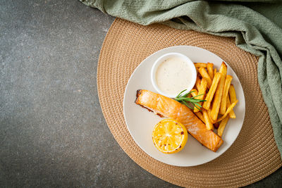 High angle view of food served on table