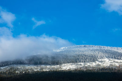 Scenic view of snow covered land against blue sky