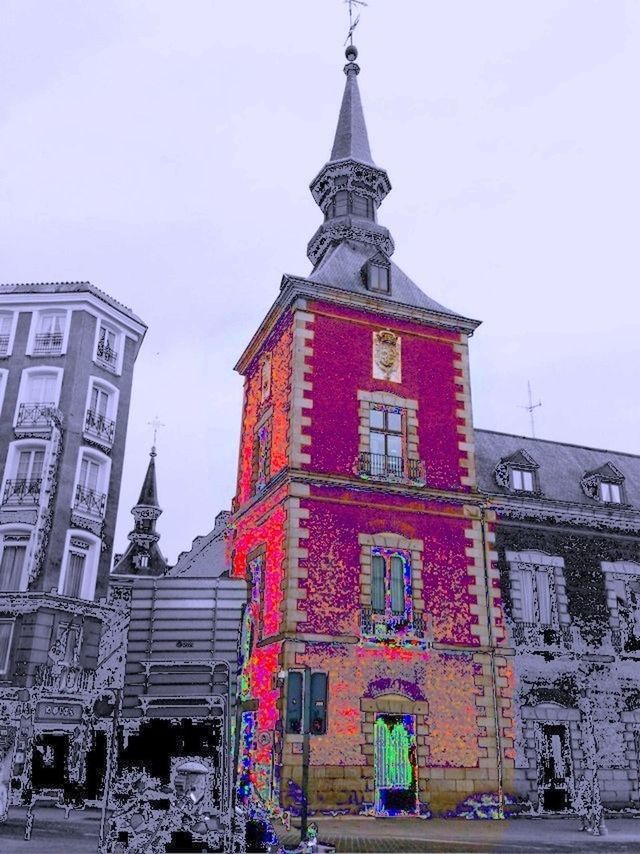 building exterior, architecture, built structure, low angle view, clear sky, tower, red, city, window, sky, day, clock tower, street, religion, church, outdoors, no people, building, residential building