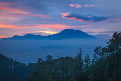 Scenic view of silhouette mountains against sky at sunset