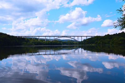 Reflection of clouds and bridge on river