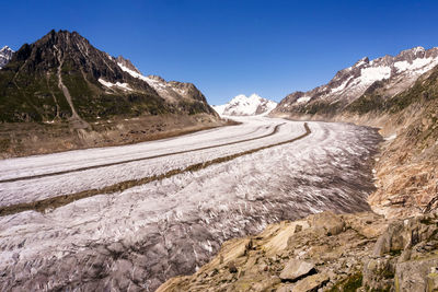 Scenic view of snowcapped mountains against clear blue sky