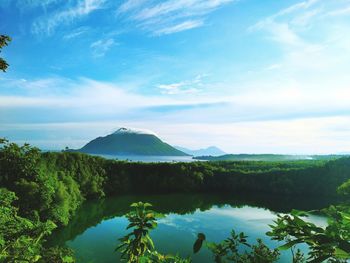 Scenic view of lake and mountains against sky