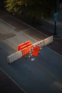 High angle view of text on road in city