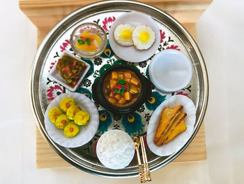 High angle view of food in plate on table