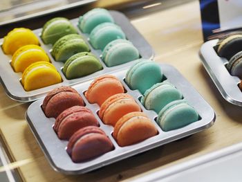 Close-up of multi colored candies in tray