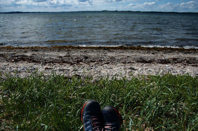 Low section of person on sea shore