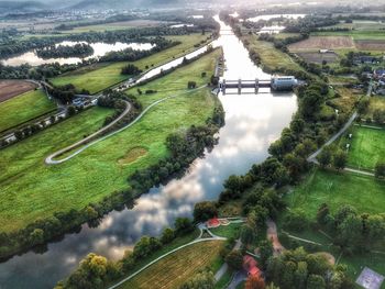 High angle view of road by canal