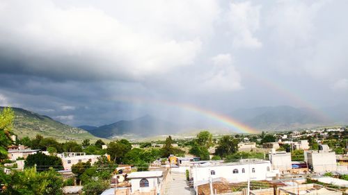 Scenic view of rainbow over houses against sky