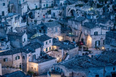 High angle view of sassi di matera at dusk