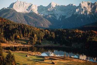 Scenic view of lake by mountains against sky