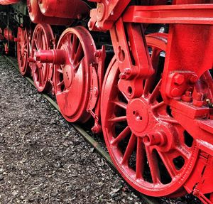 Close-up of red train on railroad track