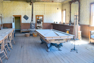 Empty chairs and tables in building