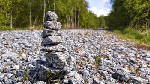 Stack of stones on field