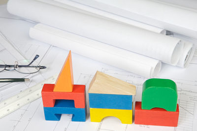 High angle view of toys on table