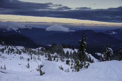 Scenic view of mountains against sky during winter