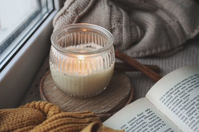High angle view of drink on table