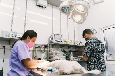 Concentrated skilled male veterinarian surgeon conducting surgery for dog on operating table while working with assistant in vet hospital