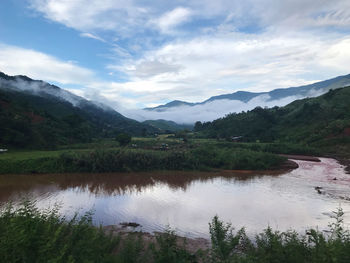 Scenic view of lake and mountains against sky