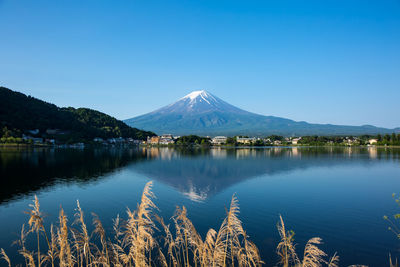 Scenic view of lake and mountains against clear blue sky