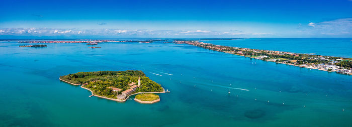 Aerial view of the plagued ghost island of poveglia in venice