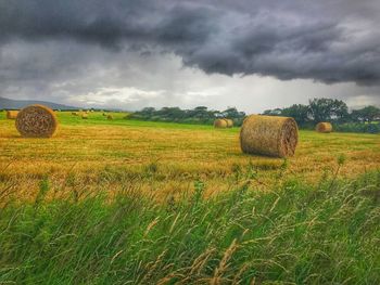 Hay bales on field against cloudy sky