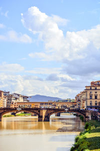 Bridge over river with buildings in background