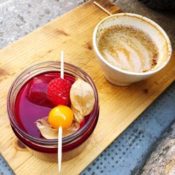 High angle view of breakfast on table