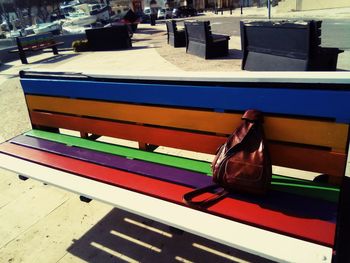 High angle view of multi colored bench on table