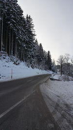 Road amidst trees against clear sky during winter