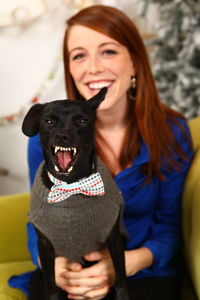 Portrait of happy woman with angry dog on sofa