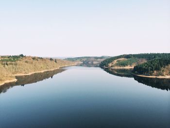 Scenic view of calm lake against clear sky