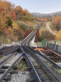 Railroad tracks amidst trees during autumn