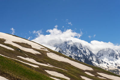 Scenic view of snowcapped mountains against blue sky