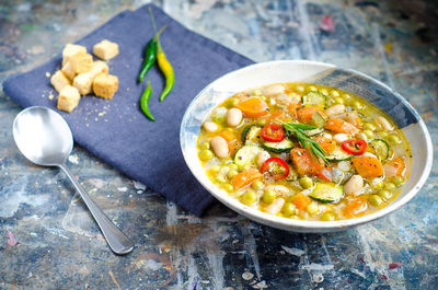 High angle view of soup in bowl