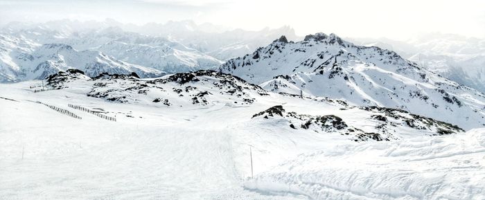 Scenic view of mountains against sky during winter