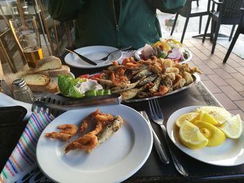 High angle view of meal served on table