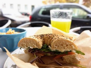 Close-up of served food on table