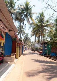 Empty road amidst trees and buildings against sky