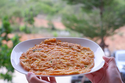 Close-up of hand holding bread in plate