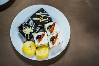 High angle view of dessert in plate on table