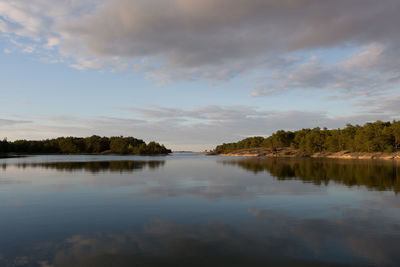Scenic view of lake against sky at sunset