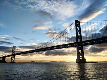 View of suspension bridge against cloudy sky