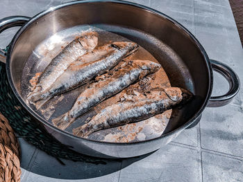 High angle view of fish in cooking pan