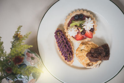 High angle view of breakfast served on table
