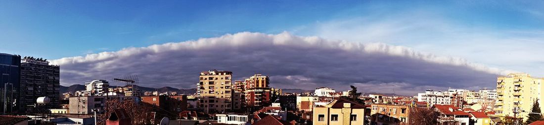 Panoramic view of residential district against cloudy sky